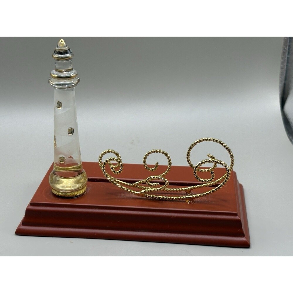 Lighthouse Business Card Holder Etched Glass Gold Accent Wood Base